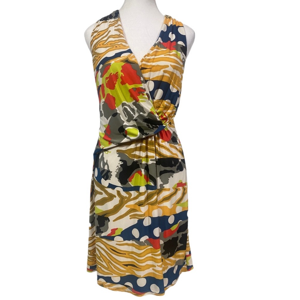 NINE WEST Halter Mini Dress Women’s 8 Slinky Creamsicle Combo Mixed Media Print